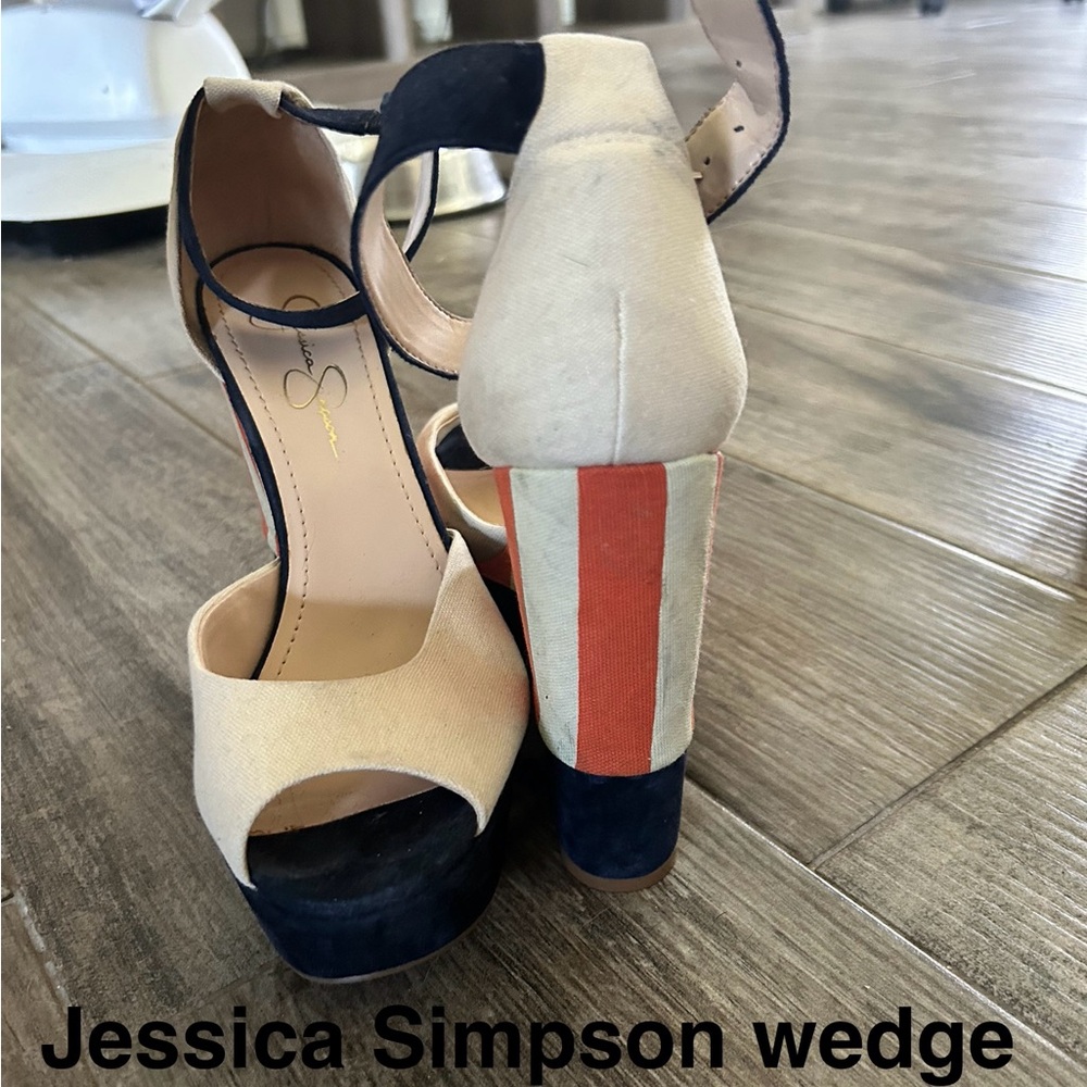 Jessica Simpson Cream and Navy Wedges